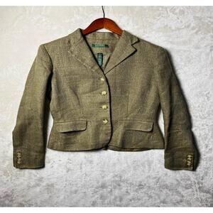 LRL Ralph Lauren Luxe Herringbone Linen Blazer Women's 4 Olive w/ Golden Sparkle